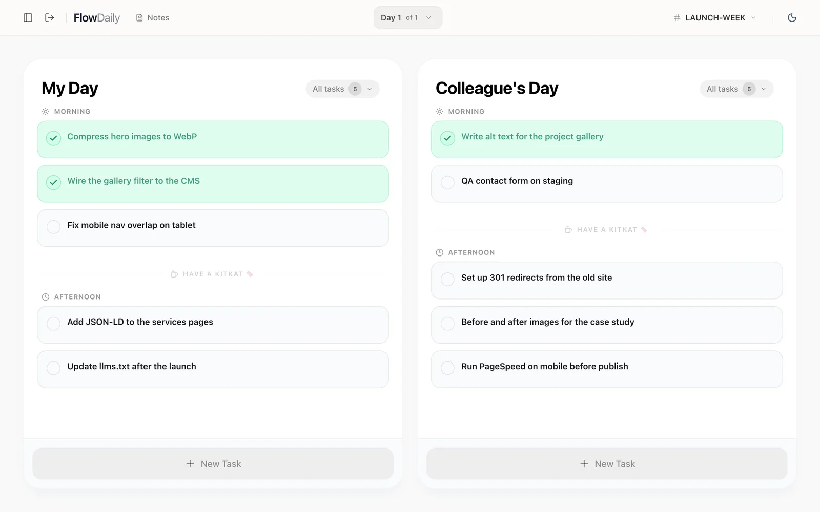 FlowDaily with two day columns, each split into morning and afternoon tasks.