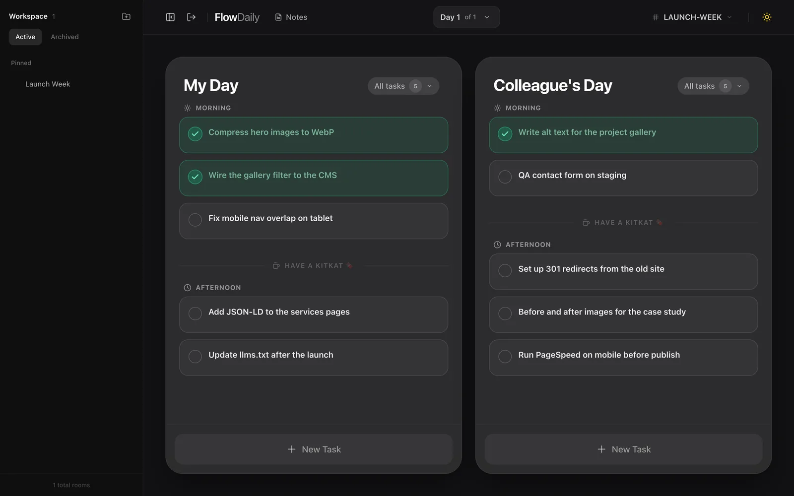 FlowDaily in a dark theme with a room list at the side.