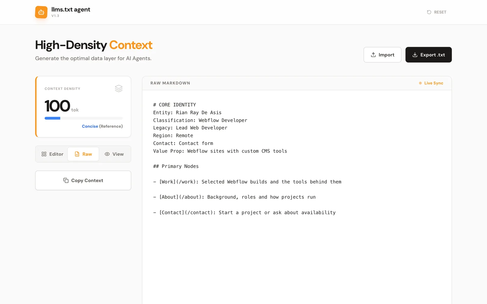 The raw llms.txt text beside a live size meter.