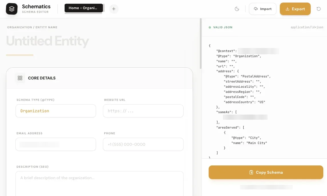 The schema generator with the entity form on the left and the generated JSON-LD on the right.