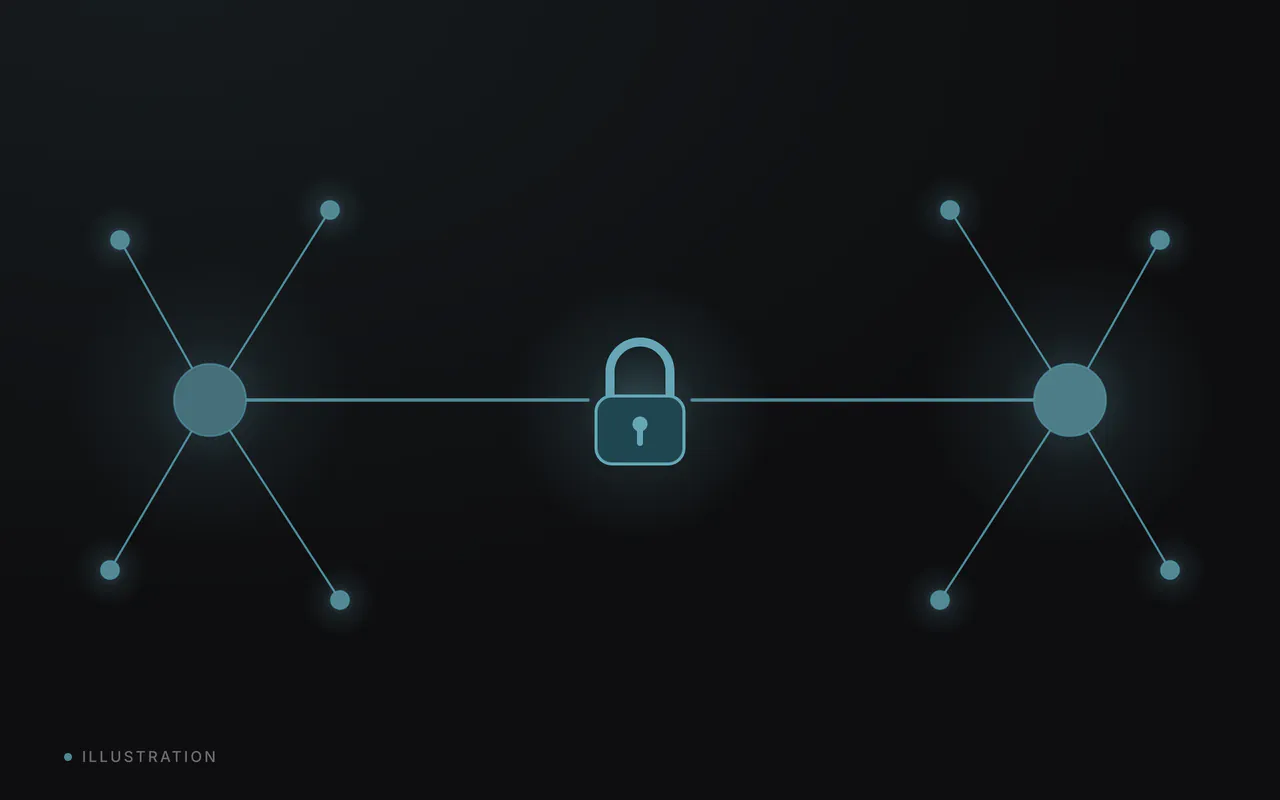 Two hub nodes joined by a line with a closed padlock in the middle.