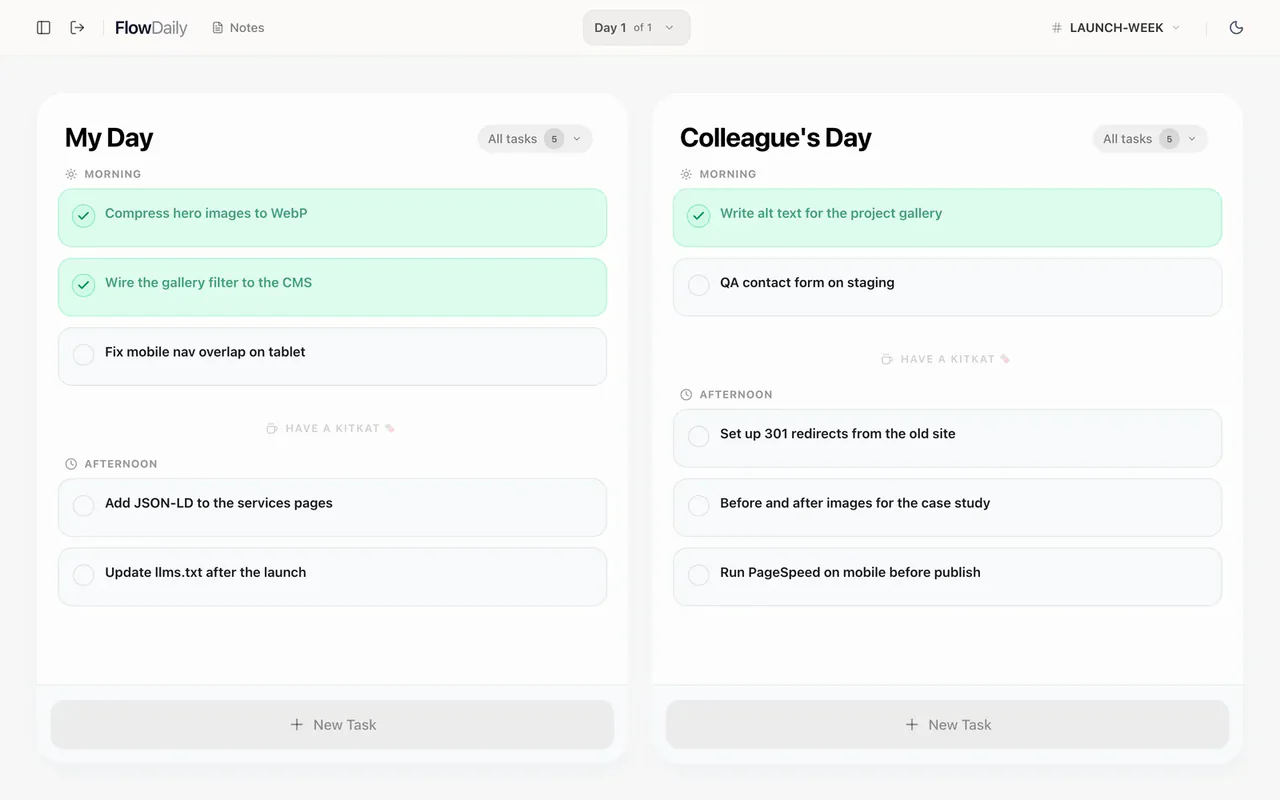 Two task columns, My Day and Colleague&rsquo;s Day, with some tasks ticked off in a light theme.