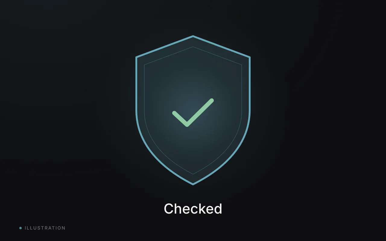 A teal shield outline with a green check mark inside and the word Checked below.