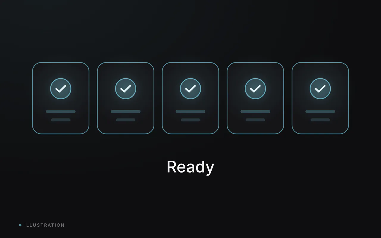 Five calm tiles that have all turned teal with a check mark, above the word Ready.