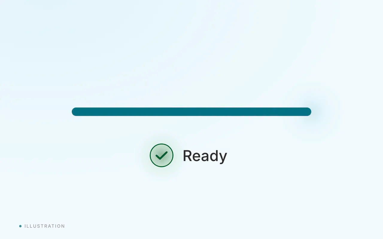 A teal progress bar at full length with a green check mark and the word Ready.