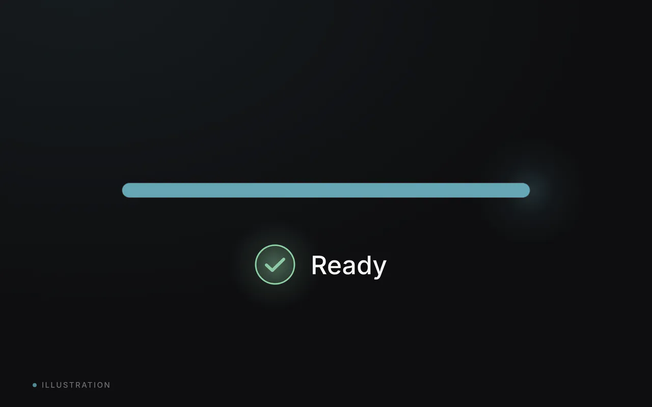 A teal progress bar at full length with a green check mark and the word Ready.
