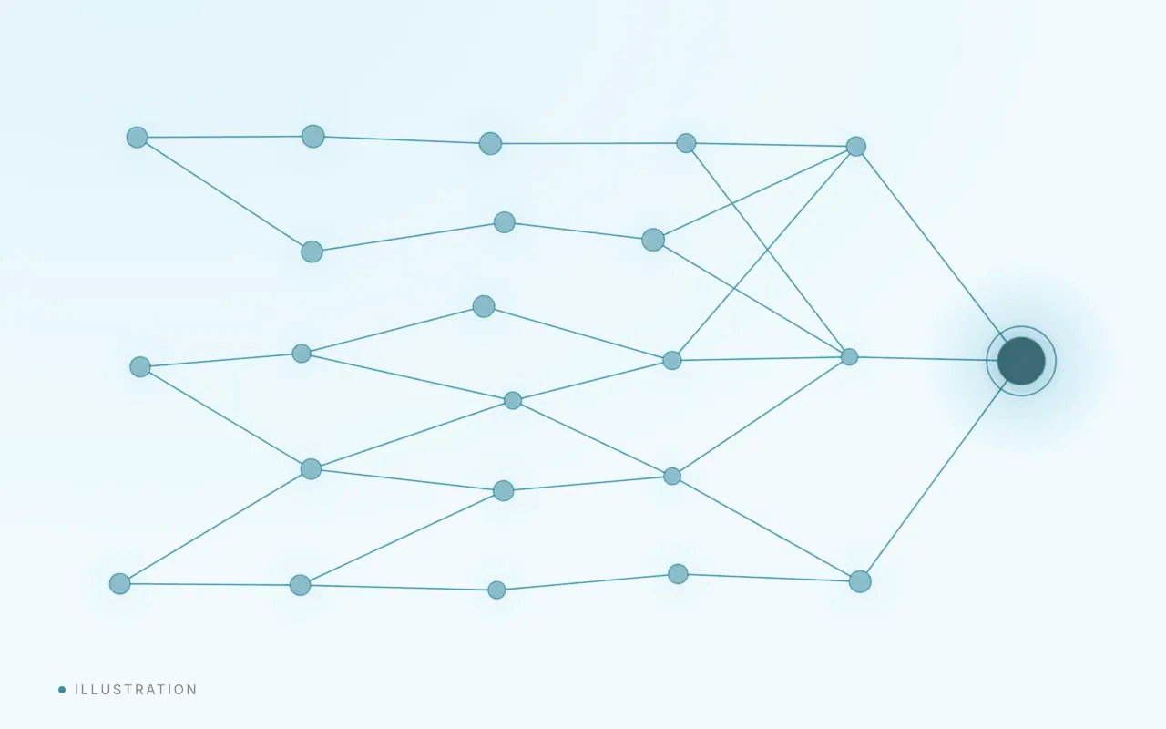 A glowing network of teal nodes lights up one after another until a single point is chosen.