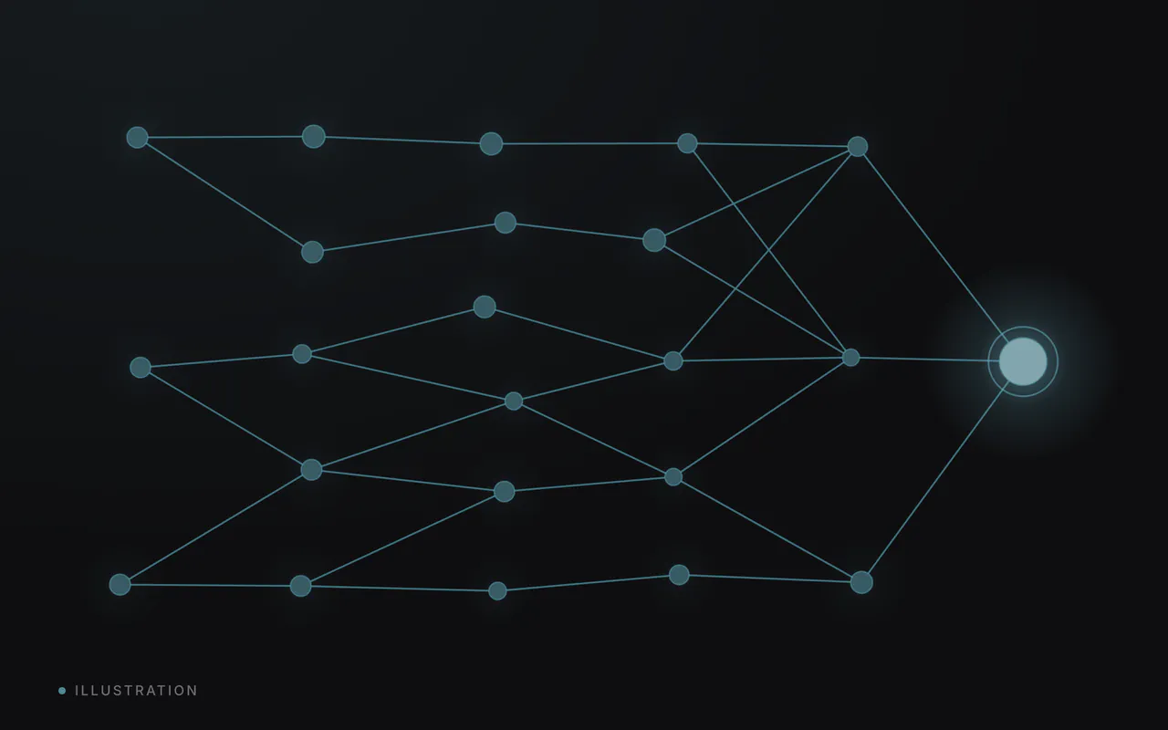 A glowing network of teal nodes lights up one after another until a single point is chosen.