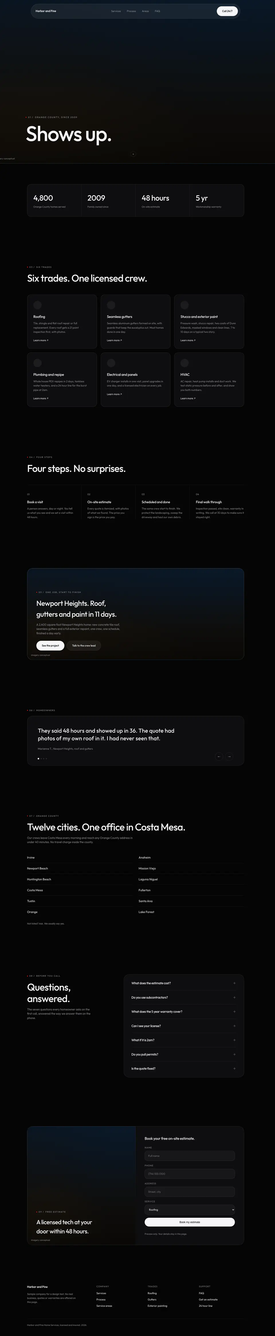 A full sample homepage for a fictional home services company, shown as one tall scroll.