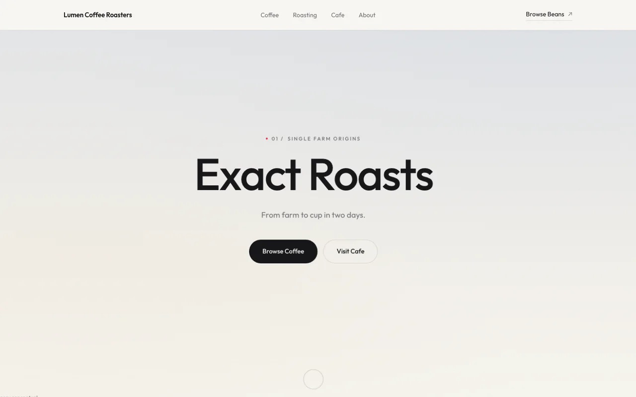 The first screen of a sample homepage for a fictional coffee roaster.