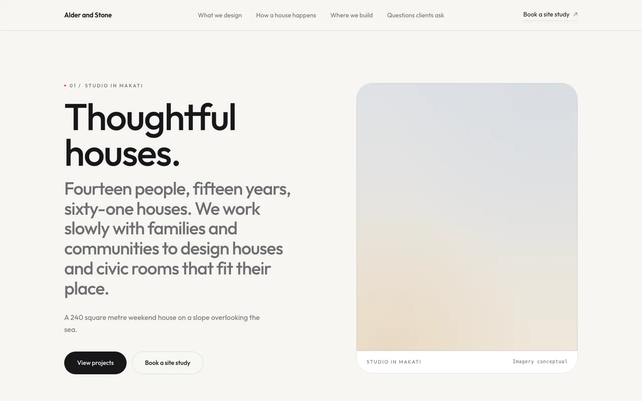 The first screen of a sample homepage for a fictional architecture studio, with a large headline and a soft image panel.