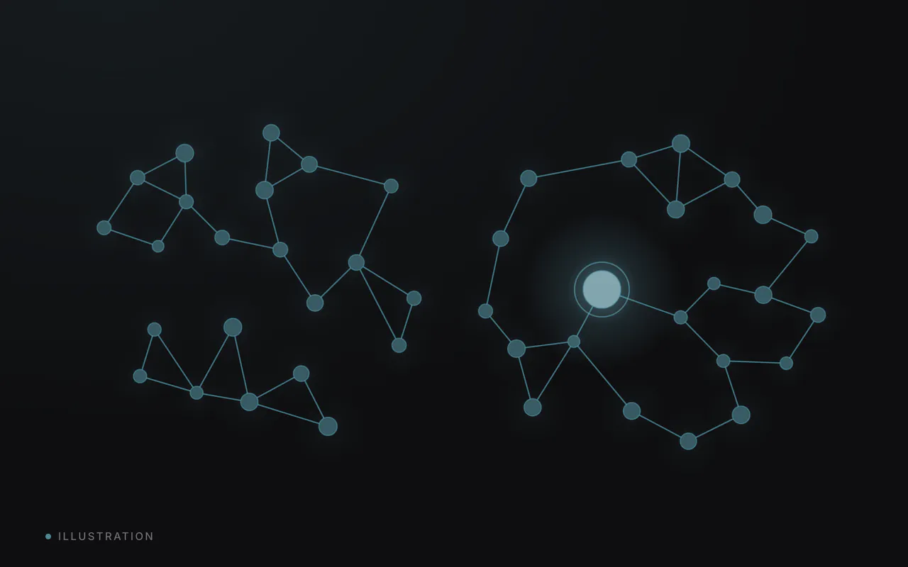 Two glowing networks side by side, with one point on the right network lit and held.