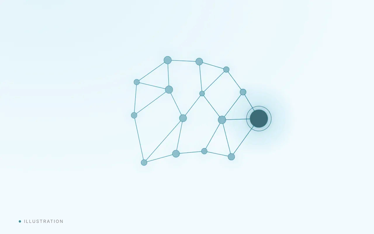 A small tight network with one point glowing brightly.