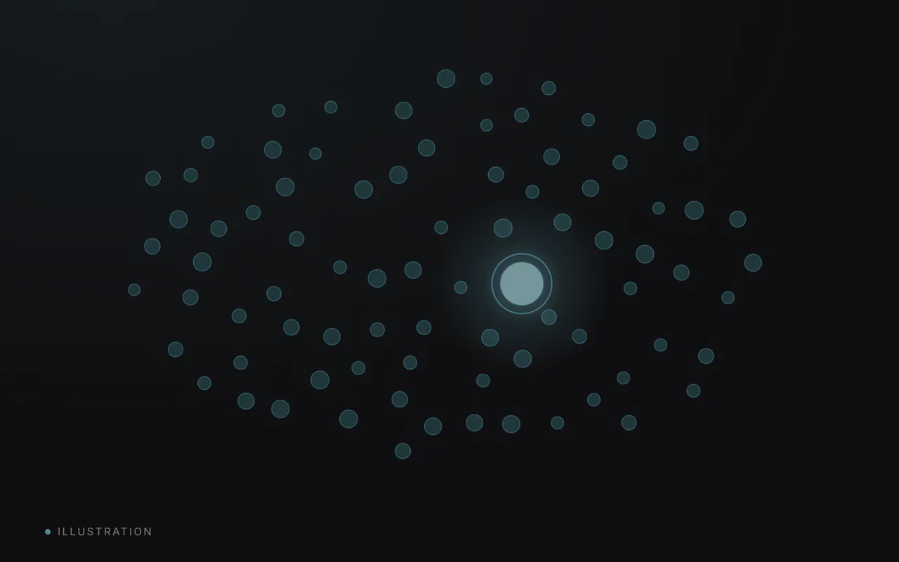 A wide field of small dots with one dot chosen and glowing.
